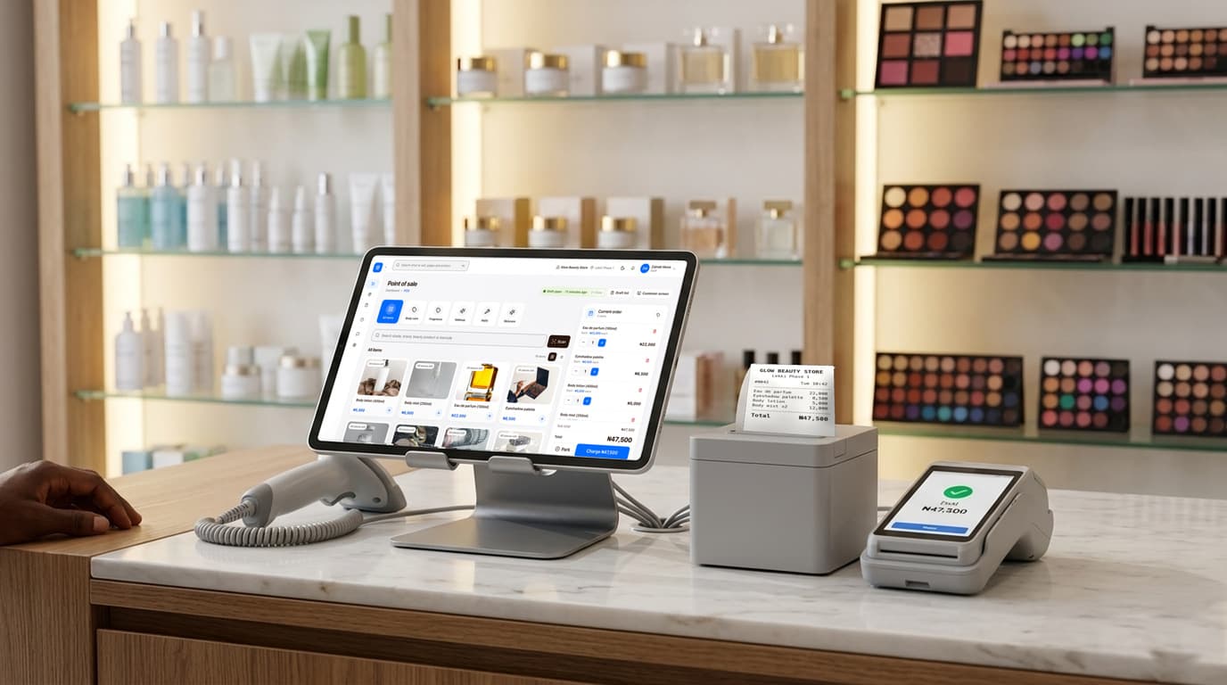 A beauty shop counter with finpo: a tablet on a stand showing finpo's selling screen, a receipt printer with the receipt, a card machine that says paid, and a barcode scanner.