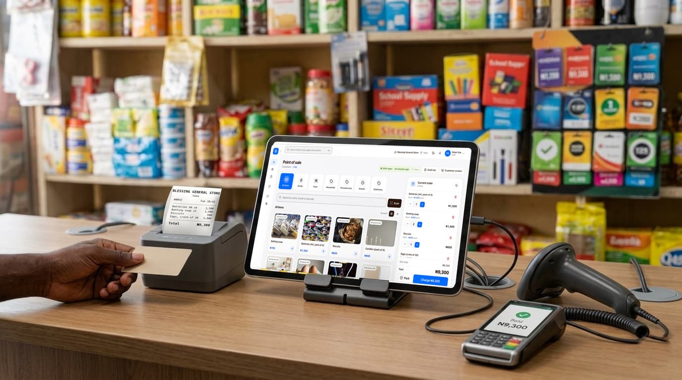 A general store counter with finpo: a tablet on a stand showing finpo's selling screen, a receipt printer with the receipt, a card machine that says paid, and a barcode scanner.