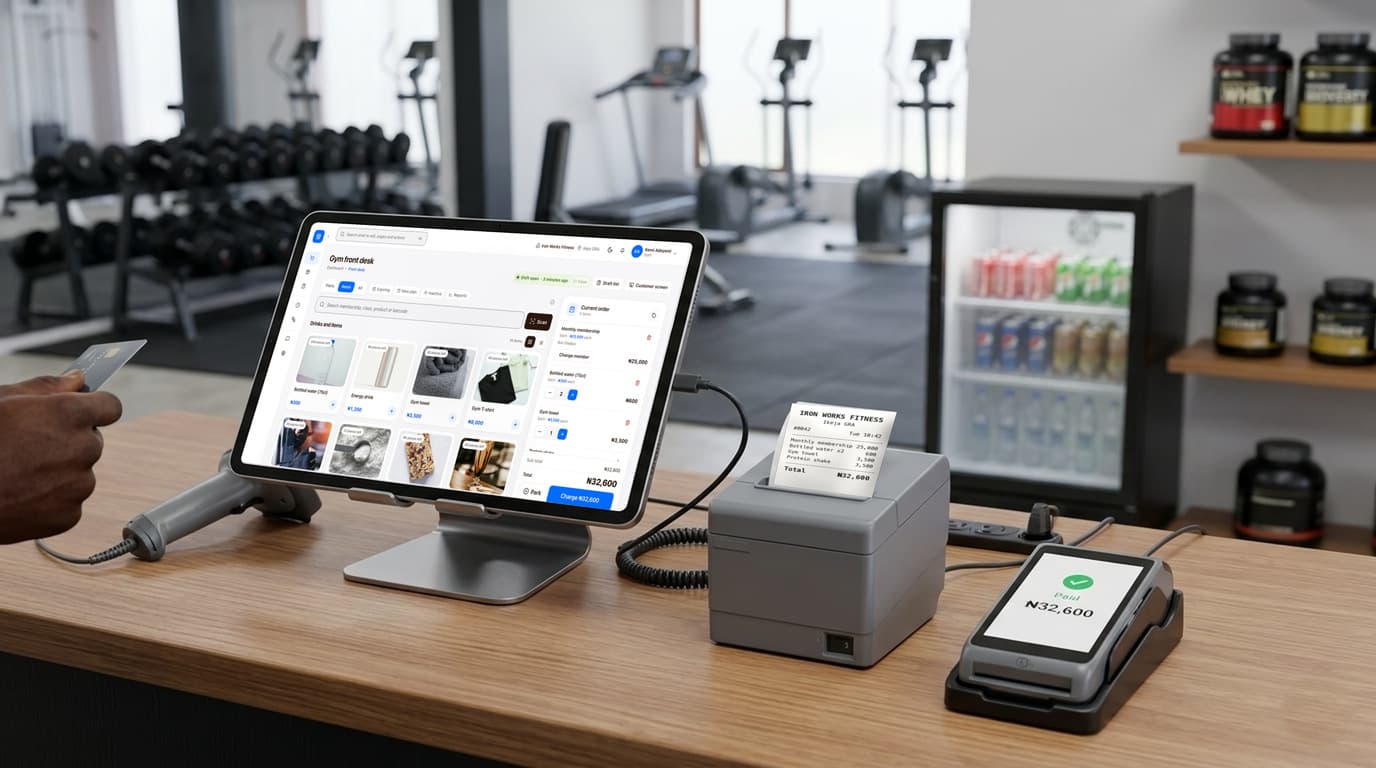 A gym front desk with finpo: a tablet on a stand showing finpo's selling screen, a receipt printer with the receipt, a card machine that says paid, and a barcode scanner.