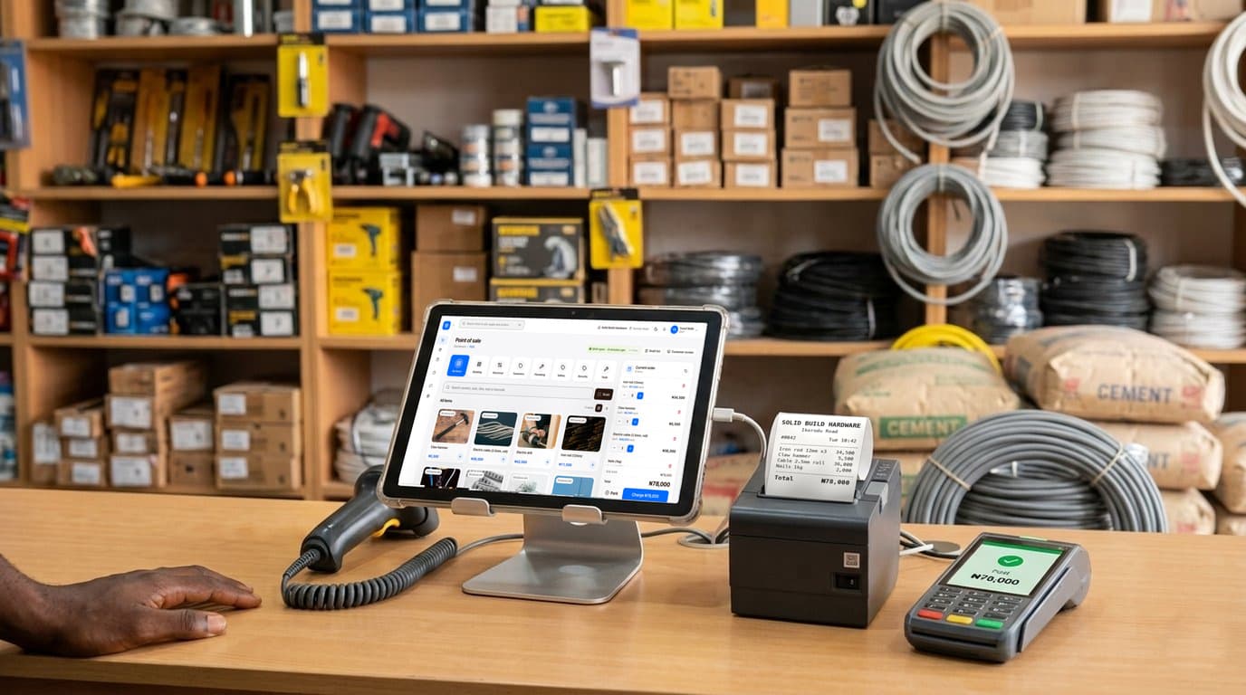 A hardware store counter with finpo: a tablet on a stand showing finpo's selling screen, a receipt printer with the receipt, a card machine that says paid, and a barcode scanner.
