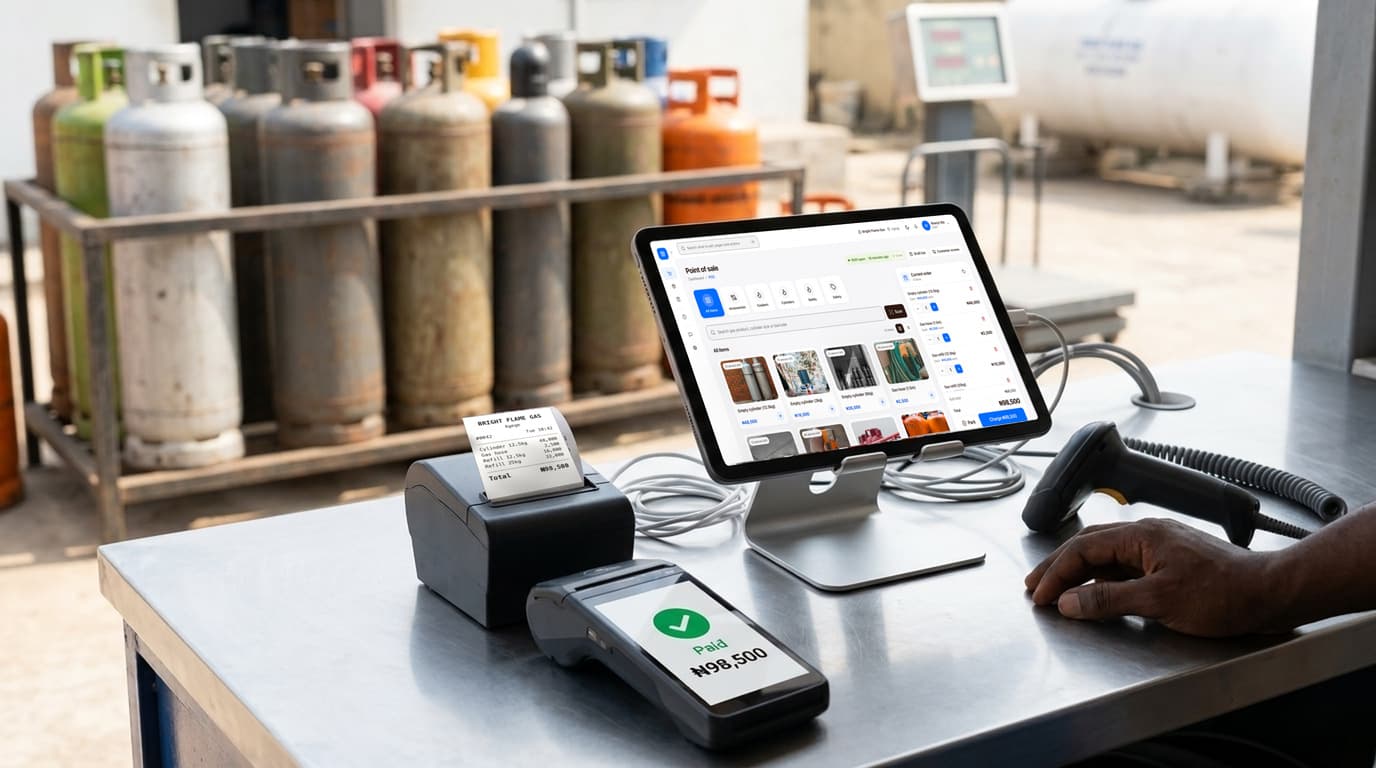 A cooking gas station counter with finpo: a tablet on a stand showing finpo's selling screen, a receipt printer with the receipt, a card machine that says paid, and a barcode scanner.