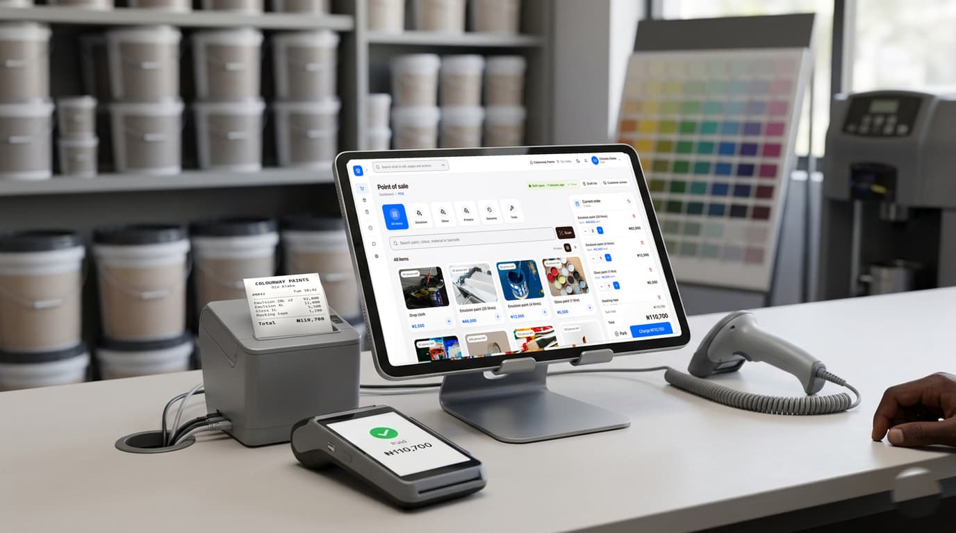 A paint shop counter with finpo: a tablet on a stand showing finpo's selling screen, a receipt printer with the receipt, a card machine that says paid, and a barcode scanner.