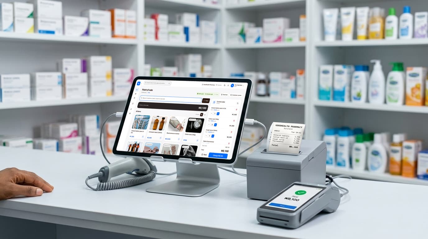 A pharmacy counter with finpo: a tablet on a stand showing finpo's selling screen, a receipt printer with the receipt, a card machine that says paid, and a barcode scanner.