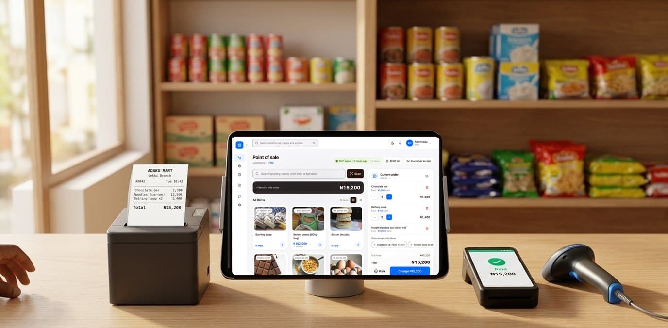 A supermarket counter with finpo: a tablet on a stand showing finpo's selling screen, a receipt printer with the receipt, a card machine that says paid, and a barcode scanner.