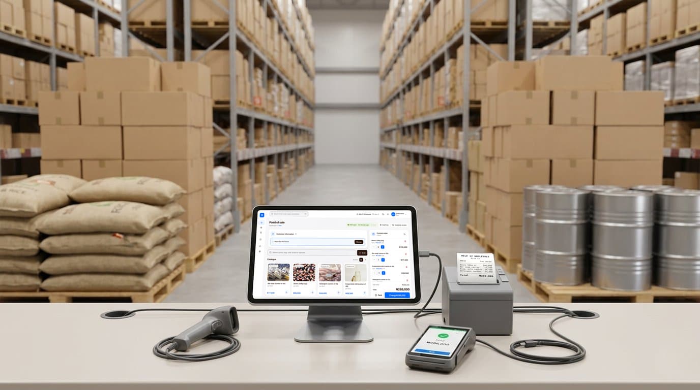 A wholesale warehouse counter with finpo: a tablet on a stand showing finpo's selling screen, a receipt printer with the receipt, a card machine that says paid, and a barcode scanner.