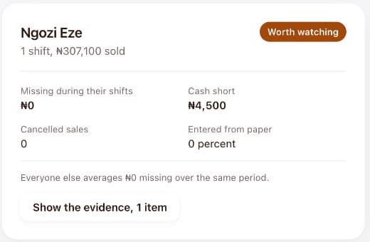 A cashier on Theft watch, marked worth watching: 4,500 naira short on one shift
