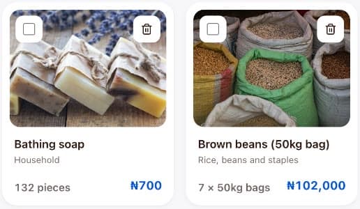 Products in stock as pictures, each with what is left and its price