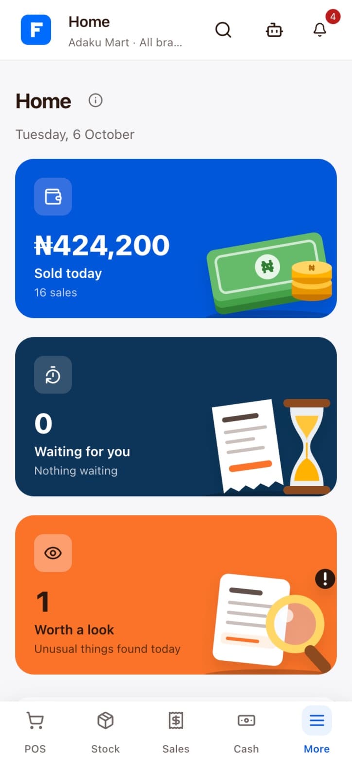 finpo on the owner's phone: today's takings and what needs them